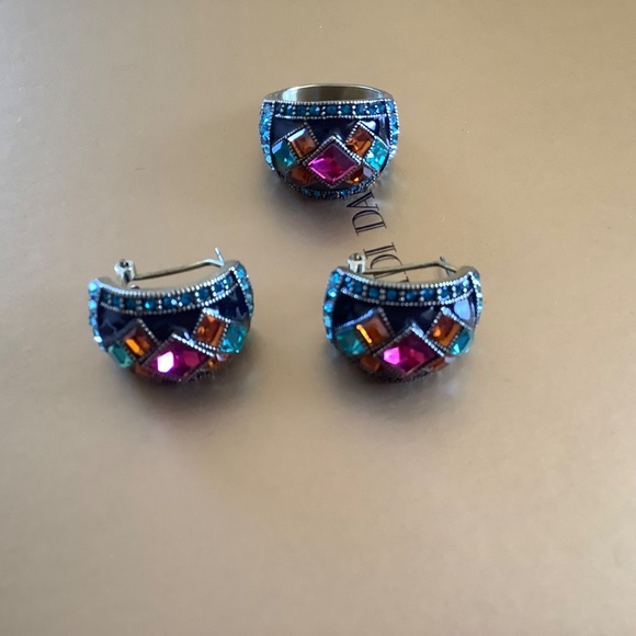 Heidi Daus Set Master Clasp Earrings and Ring Multi Colored Pierced Ring SZ 10 - Picture 2 of 15